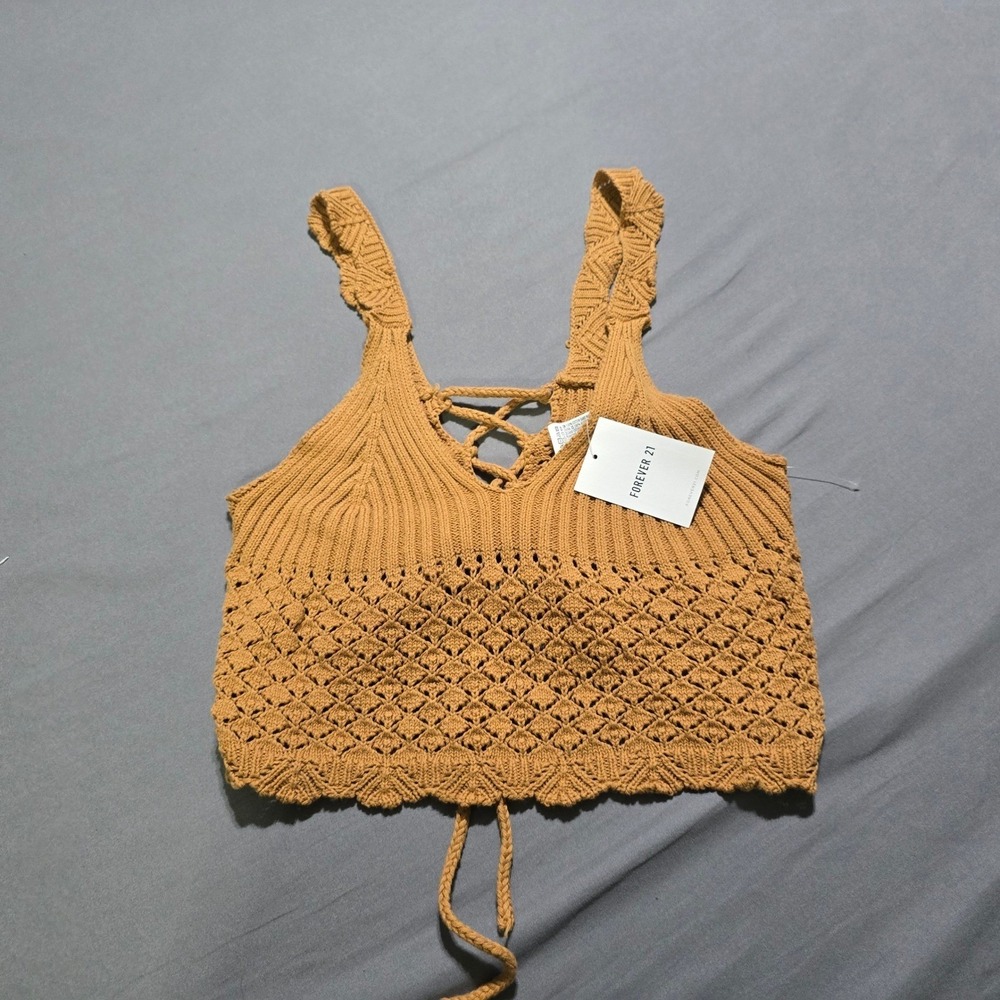 new Forever 21 Crochet Knit Crop Top Women Large Mustard Yellow Lace Up Boho
